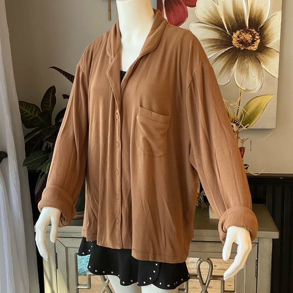 SKIMS Button-Front Long Sleeve Pajama Top Night Shirt Oversized Bronze Size 4X